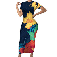 Polynesian Hibiscus Flower Waves Pattern Family Matching Short Sleeve Bodycon Dress and Hawaiian Shirt LT9 Mom's Dress Dark Blue - Polynesian Pride