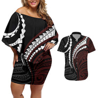 Polynesian Oxblood Line Art Tribal Tattoo Couples Matching Off Shoulder Short Dress and Hawaiian Shirt