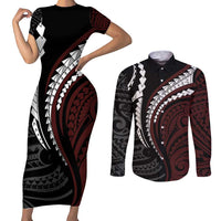 Polynesian Oxblood Line Art Tribal Tattoo Couples Matching Short Sleeve Bodycon Dress and Long Sleeve Button Shirt