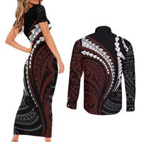 Polynesian Oxblood Line Art Tribal Tattoo Couples Matching Short Sleeve Bodycon Dress and Long Sleeve Button Shirt