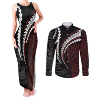 Polynesian Oxblood Line Art Tribal Tattoo Couples Matching Tank Maxi Dress and Long Sleeve Button Shirt