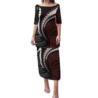Polynesian Oxblood Line Art Tribal Tattoo Family Matching Puletasi and Hawaiian Shirt LT9 Mom's Dress Beige - Polynesian Pride