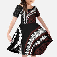 Polynesian Oxblood Line Art Tribal Tattoo Family Matching Short Sleeve Bodycon Dress and Hawaiian Shirt LT9 Daughter's Dress Beige - Polynesian Pride