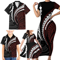 Polynesian Oxblood Line Art Tribal Tattoo Family Matching Short Sleeve Bodycon Dress and Hawaiian Shirt LT9 - Polynesian Pride