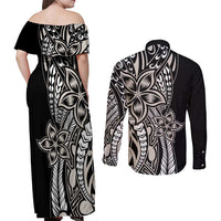 Polynesian Plumeria Floral Tattoo Pattern Couples Matching Off Shoulder Maxi Dress and Long Sleeve Button Shirt Beige Style