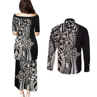 Polynesian Plumeria Floral Tattoo Pattern Couples Matching Puletasi and Long Sleeve Button Shirt Beige Style