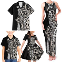 Polynesian Plumeria Floral Tattoo Pattern Family Matching Tank Maxi Dress and Hawaiian Shirt Beige Style