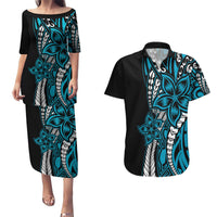 Polynesian Plumeria Floral Tattoo Pattern Couples Matching Puletasi and Hawaiian Shirt Bllue Style