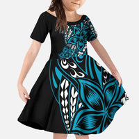 Polynesian Plumeria Floral Tattoo Pattern Family Matching Long Sleeve Bodycon Dress and Hawaiian Shirt Blue Style LT9 Daughter's Dress Blue - Polynesian Pride