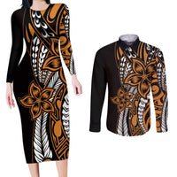 Polynesian Plumeria Floral Tattoo Pattern Couples Matching Long Sleeve Bodycon Dress and Long Sleeve Button Shirt Gold Style