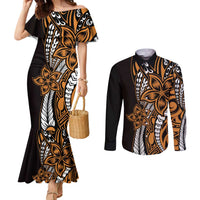 Polynesian Plumeria Floral Tattoo Pattern Couples Matching Mermaid Dress and Long Sleeve Button Shirt Gold Style