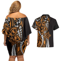 Polynesian Plumeria Floral Tattoo Pattern Couples Matching Off Shoulder Short Dress and Hawaiian Shirt Gold Style