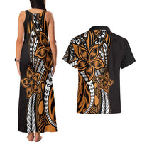 Polynesian Plumeria Floral Tattoo Pattern Couples Matching Tank Maxi Dress and Hawaiian Shirt Gold Style