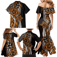 Polynesian Plumeria Floral Tattoo Pattern Family Matching Mermaid Dress and Hawaiian Shirt Gold Style LT9 - Polynesian Pride