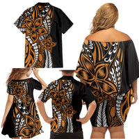 Polynesian Plumeria Floral Tattoo Pattern Family Matching Off Shoulder Short Dress and Hawaiian Shirt Gold Style
