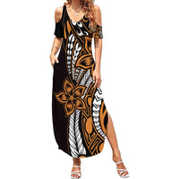 Polynesian Plumeria Floral Tattoo Pattern Family Matching Summer Maxi Dress and Hawaiian Shirt Gold Style LT9 Mom's Dress Gold - Polynesian Pride