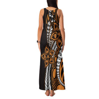 Polynesian Plumeria Floral Tattoo Pattern Family Matching Tank Maxi Dress and Hawaiian Shirt Gold Style