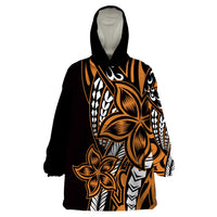 Polynesian Plumeria Floral Tattoo Pattern Wearable Blanket Hoodie Gold Style
