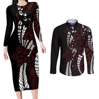Polynesian Plumeria Floral Tattoo Pattern Couples Matching Long Sleeve Bodycon Dress and Long Sleeve Button Shirt Oxblood Style