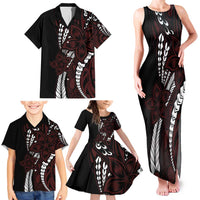 Polynesian Plumeria Floral Tattoo Pattern Family Matching Tank Maxi Dress and Hawaiian Shirt Oxblood Style