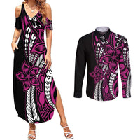 Polynesian Plumeria Floral Tattoo Pattern Couples Matching Summer Maxi Dress and Long Sleeve Button Shirt Pink Style