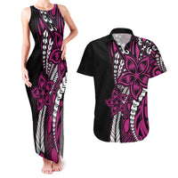Polynesian Plumeria Floral Tattoo Pattern Couples Matching Tank Maxi Dress and Hawaiian Shirt Pink Style