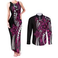 Polynesian Plumeria Floral Tattoo Pattern Couples Matching Tank Maxi Dress and Long Sleeve Button Shirt Pink Style