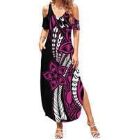 Polynesian Plumeria Floral Tattoo Pattern Family Matching Summer Maxi Dress and Hawaiian Shirt Pink Style LT9 Mom's Dress Pink - Polynesian Pride