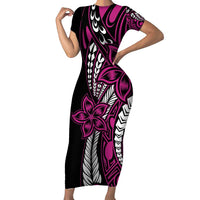 Polynesian Plumeria Floral Tattoo Pattern Short Sleeve Bodycon Dress Pink Style