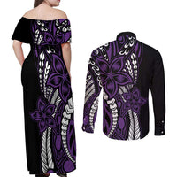 Polynesian Plumeria Floral Tattoo Pattern Couples Matching Off Shoulder Maxi Dress and Long Sleeve Button Shirt Purple Style
