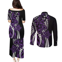 Polynesian Plumeria Floral Tattoo Pattern Couples Matching Puletasi and Long Sleeve Button Shirt Purple Style