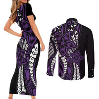 Polynesian Plumeria Floral Tattoo Pattern Couples Matching Short Sleeve Bodycon Dress and Long Sleeve Button Shirt Purple Style