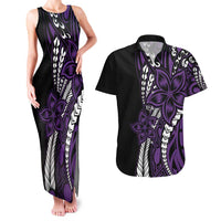 Polynesian Plumeria Floral Tattoo Pattern Couples Matching Tank Maxi Dress and Hawaiian Shirt Purple Style