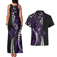 Polynesian Plumeria Floral Tattoo Pattern Couples Matching Tank Maxi Dress and Hawaiian Shirt Purple Style