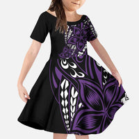 Polynesian Plumeria Floral Tattoo Pattern Family Matching Short Sleeve Bodycon Dress and Hawaiian Shirt Purple Style LT9 Daughter's Dress Purple - Polynesian Pride