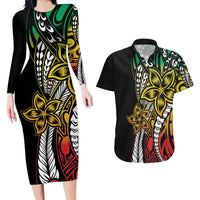 Polynesian Plumeria Floral Tattoo Pattern Couples Matching Long Sleeve Bodycon Dress and Hawaiian Shirt Reggae Style