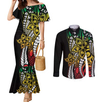Polynesian Plumeria Floral Tattoo Pattern Couples Matching Mermaid Dress and Long Sleeve Button Shirt Reggae Style