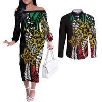 Polynesian Plumeria Floral Tattoo Pattern Couples Matching Off The Shoulder Long Sleeve Dress and Long Sleeve Button Shirt Reggae Style