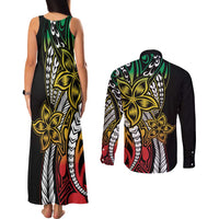 Polynesian Plumeria Floral Tattoo Pattern Couples Matching Tank Maxi Dress and Long Sleeve Button Shirt Reggae Style
