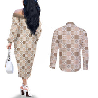 Hawaiian Palaka Quilt Pattern Couples Matching Off The Shoulder Long Sleeve Dress and Long Sleeve Button Shirt Hawaii Culture Bird of Paradise Exotic Motif LT9 - Polynesian Pride