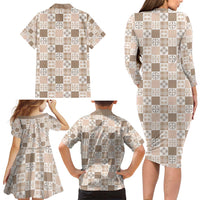 Hawaiian Palaka Quilt Pattern Family Matching Long Sleeve Bodycon Dress and Hawaiian Shirt Hawaii Culture Bird of Paradise Exotic Motif LT9 - Polynesian Pride