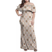 Hawaiian Palaka Quilt Pattern Family Matching Off Shoulder Maxi Dress and Hawaiian Shirt Hawaii Culture Bird of Paradise Exotic Motif LT9 Mom's Dress Beige - Polynesian Pride