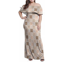 Hawaiian Palaka Quilt Pattern Family Matching Off Shoulder Maxi Dress and Hawaiian Shirt Hawaii Culture Honu Turtle LT9 Mom's Dress Beige - Polynesian Pride