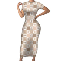 Hawaiian Palaka Quilt Pattern Family Matching Short Sleeve Bodycon Dress and Hawaiian Shirt Hawaii Culture Pineapple LT9 Mom's Dress Beige - Polynesian Pride