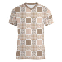 Hawaiian Palaka Quilt Pattern Women V-Neck T-Shirt Hawaii Culture Tropical Flowers Mix - Polynesian Pride