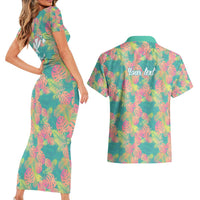 Seamless Hawaiian Quilt Pattern Couples Matching Short Sleeve Bodycon Dress and Hawaiian Shirt Hawaii Culture Palm Leaf Tropical - Polynesian Pride