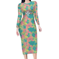 Seamless Hawaiian Quilt Pattern Long Sleeve Bodycon Dress Hawaii Culture Palm Leaf Tropical - Polynesian Pride