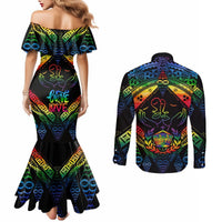 Tonga LGBT Couples Matching Mermaid Dress and Long Sleeve Button Shirts Love Is Love Ngatu Rainbow Water Color LT9 - Polynesian Pride