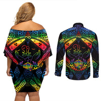 Tonga LGBT Couples Matching Off Shoulder Short Dress and Long Sleeve Button Shirts Love Is Love Ngatu Rainbow Water Color LT9 - Polynesian Pride