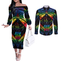 Tonga LGBT Couples Matching Off The Shoulder Long Sleeve Dress and Long Sleeve Button Shirts Love Is Love Ngatu Rainbow Water Color LT9 Black - Polynesian Pride